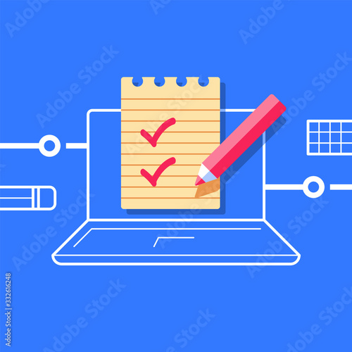 Take a test, check knowledge, online class, exam preparation, internet education, checklist on computer