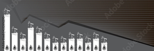 Oil price falling down graph vector concept horizontal banner with arrows and oil rigs isolated on grey background. vector business market illustration background