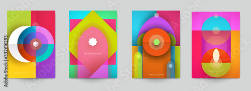 Ramadan kareem islamic beautiful design template. Minimal composition in paper cut style. Set holiday background for branding greeting card, banner, cover, flyer or poster. Vector illustration.