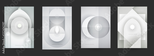 Ramadan kareem islamic beautiful design template. Minimal composition in paper cut style. Set holiday background for branding greeting card, banner, cover, flyer or poster. Vector illustration.