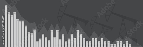 Oil price falling down graph vector concept horizontal banner with arrows and oil rigs isolated on grey background. vector business market illustration background