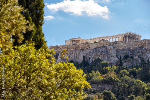 Acropolis view from Athens Agora park side, in Greece