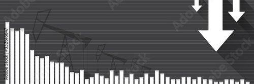 Oil price falling down graph vector concept horizontal banner with arrows and oil rigs isolated on grey background. vector business market illustration background