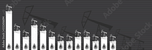 Oil price falling down graph vector concept horizontal banner with arrows and oil rigs isolated on grey background. vector business market illustration background