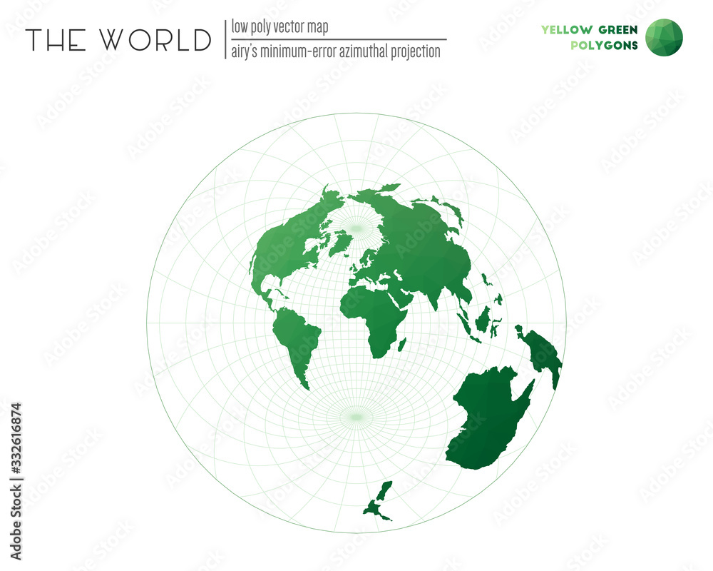 World map with vibrant triangles. Airy's minimum-error azimuthal projection of the world. Yellow-green colored polygons. Creative vector illustration. World map with vibrant triangles. Airy's minimum-error azimuthal projection of the world. Yellow-green colored polygons. Creative vector illustration.