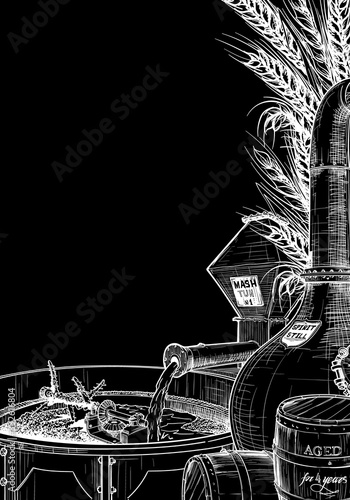Whiskey making process from grain to bottle. Pieces of equipment. Vertical Frame or blank page template. Chalk drawing on a blackboard. EPS10 vector illustration