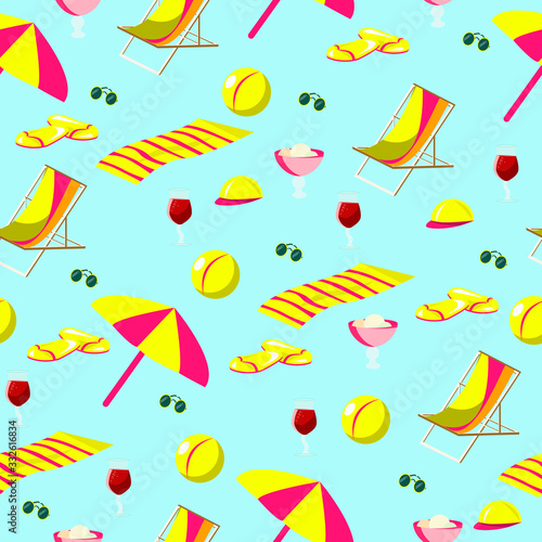 Pattern beach holiday with sun beds and towels and umbrellas