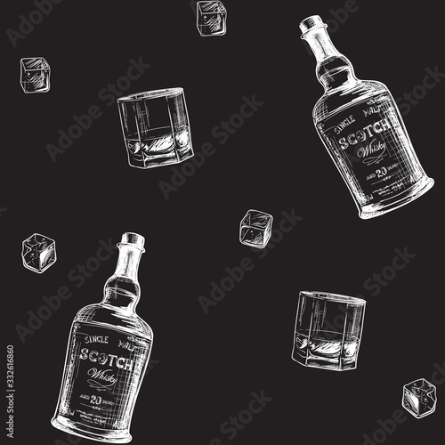 Whiskey making process from grain to bottle. Scotch whiskey bottle, glass with some ice cubes. Seamless pattern. Chalk drawing on a blackboard. EPS10 vector illustration