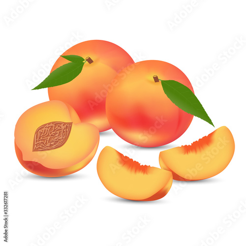 Vector illustration of a whole peach and slices on a white background.