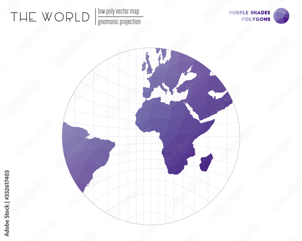 Triangular mesh of the world. Gnomonic projection of the world. Purple shades colored polygons. Elegant vector illustration. Triangular mesh of the world. Gnomonic projection of the world. Purple shades colored polygons. Elegant vector illustration.