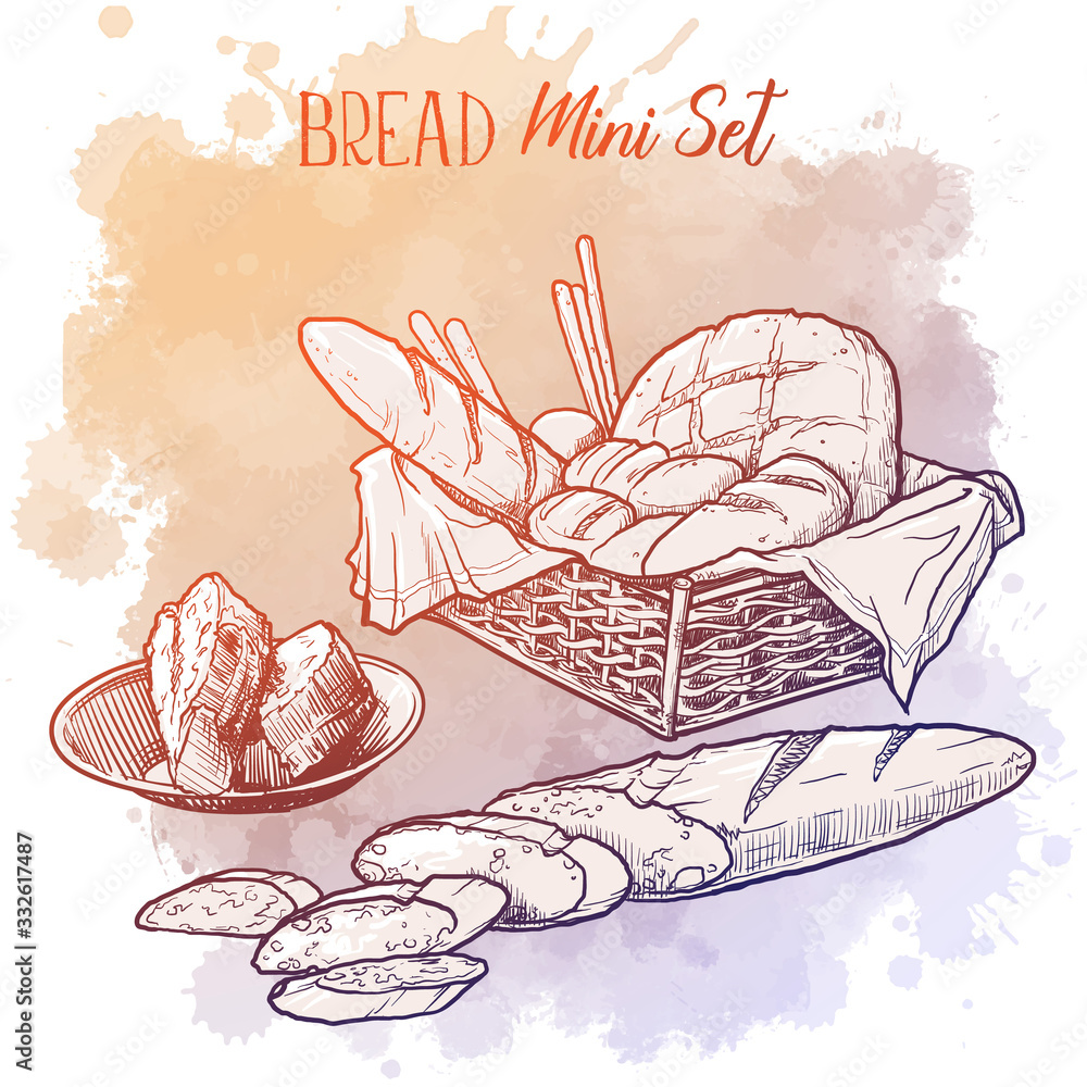 Varieties of bakery products. French baguette, round and long loaves