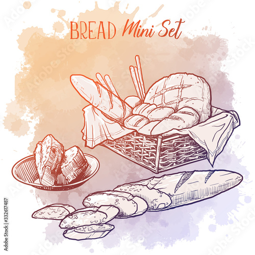 Varieties of bakery products. French baguette, round and long loaves, buns and breadsticks. Still life drawing. Sketch on a watercolor textured background. EPS10 vector illustration