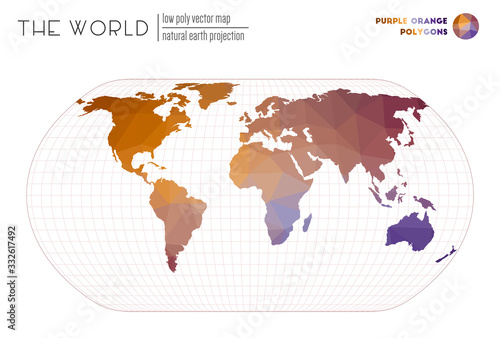 Vector map of the world. Natural Earth projection of the world. Purple Orange colored polygons. Contemporary vector illustration.