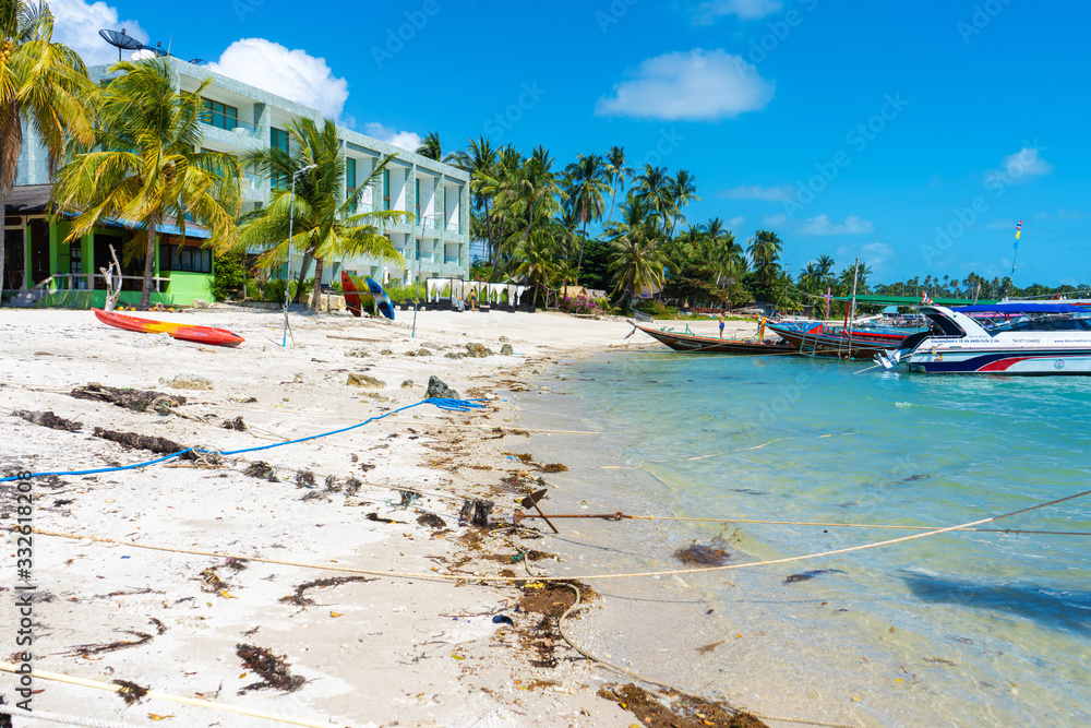 Obraz premium Tropical beach landscape. Perfect white sand, green palm trees and blue water. Travel and relaxation in the tropics