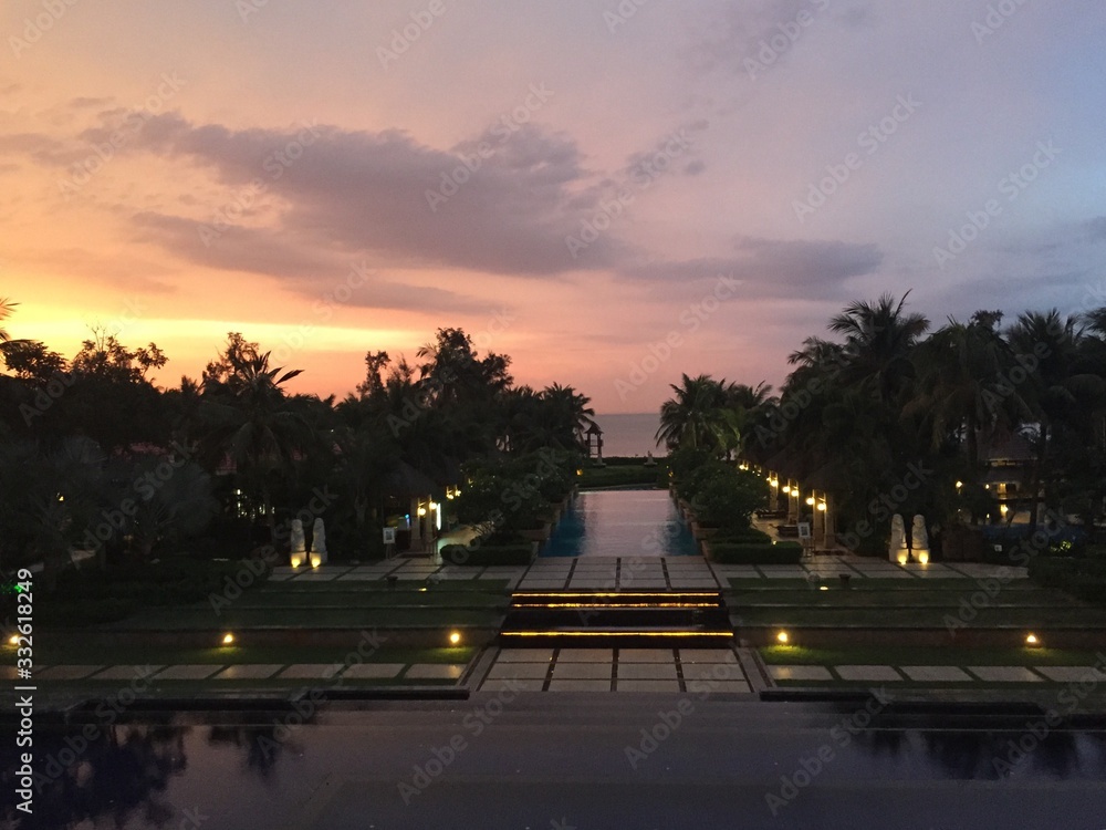 Sunset above the pool, Haikou, Hainan Island, China