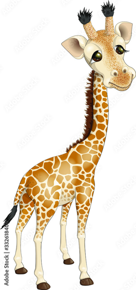 Obraz premium Cute cartoon smiling little giraffe. African animal wildlife vector illustration. In cartoon style. Clipart isolated on white background