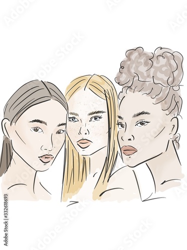 Set of women portraits African African-american, asian, European. Women with different nationality, ethnicity, cultures, skin color, hairstyle. Interracial friendship girls concept. sketch