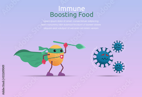 Funny cartoon character of potato superhero fight against outbreak viruses and bacteria. Power of immune boosting food concept to fight disease. vector illustration
