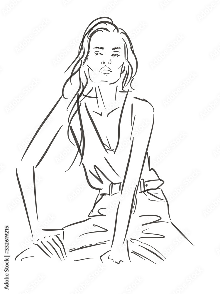 Beautiful young woman. Fashion woman. Stylish girl with long hair. Sketch. Beautiful young woman. Fashion woman. Stylish girl with long hair. Sketch.