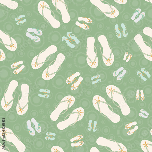 Flip flop shoe seamless vector pattern background. Pretty pairs of sandals with tropical flower decoration green backdrop. Hot summer design. All over print for tropical beach resort concept