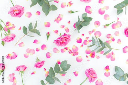 Wallpaper Mural Floral pattern with pink roses flowers and eucalyptus on white background. Flat lay Torontodigital.ca