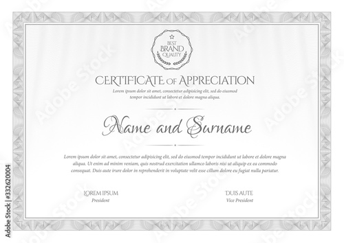 Certificate Template. Diploma of modern design or gift certificate. Frame from guilloche pattern. Elegant and expensive design. Vector illustration.