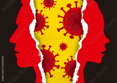 Divorce couple, quarantine as test of relationship. Ripped paper with man and woman stylized silhouettes and coronavirus..  Vector available.
