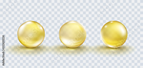 Gold bubble set isolated on transparent background. Cosmetic vitamin capsule or oil pill. Golden glass balls template. Vector 3d serum collagen essence..