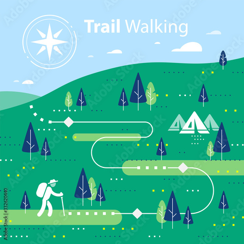 Hiking map, forest trail, running or cycling path, orienteering game, lush landscape with hills and trees