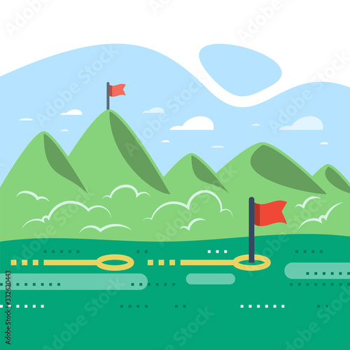 Long term motivation, straight way to success, green mountain range with flags, reach distant future goal, higher achievement, next level gradual progress