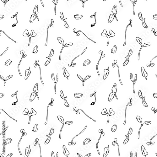 Hand drawn micro greens seamless pattern. Vector illustration in sketch style isolated on white background