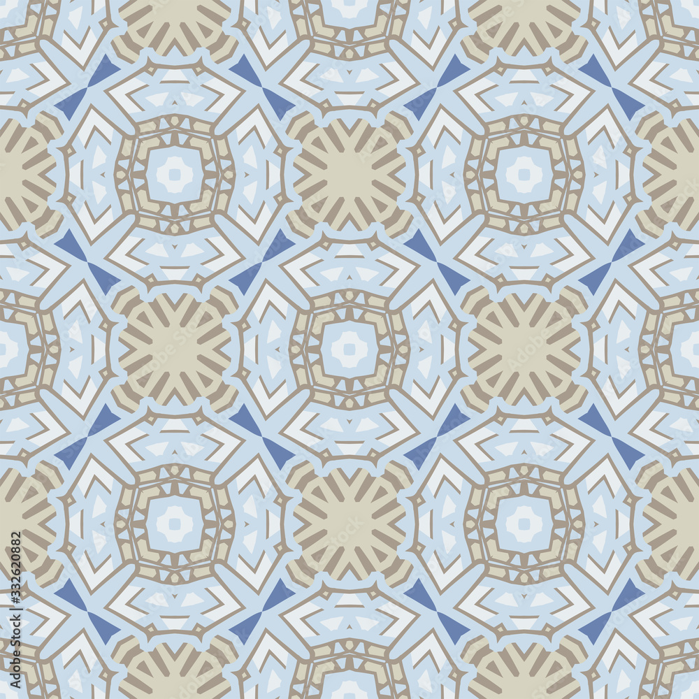 Creative color abstract geometric pattern in blue and beige, vector seamless, can be used for printing onto fabric, interior, design, textile, carpet, pillow, tiles.