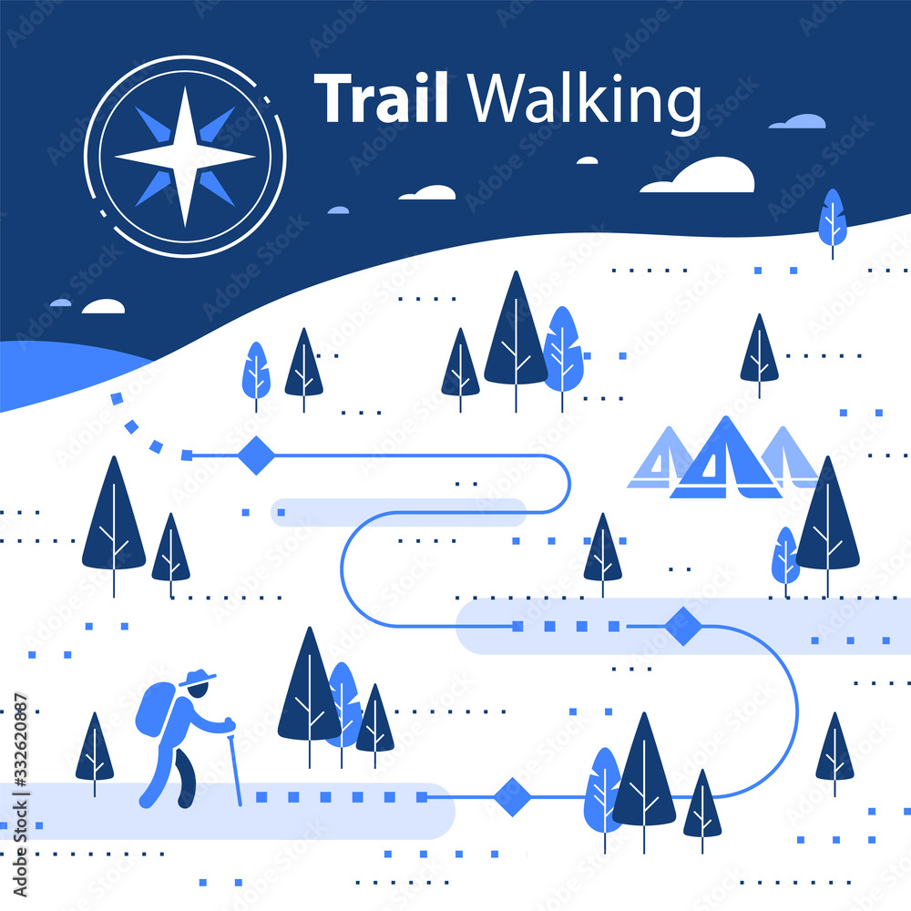 Winter hiking map, snow forest trail, running or cycling path, orienteering game, white landscape with hills and trees