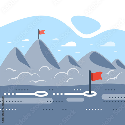 Long term motivation, way to success, mountain range with flags, reach future goal, higher achievement, next level gradual progress