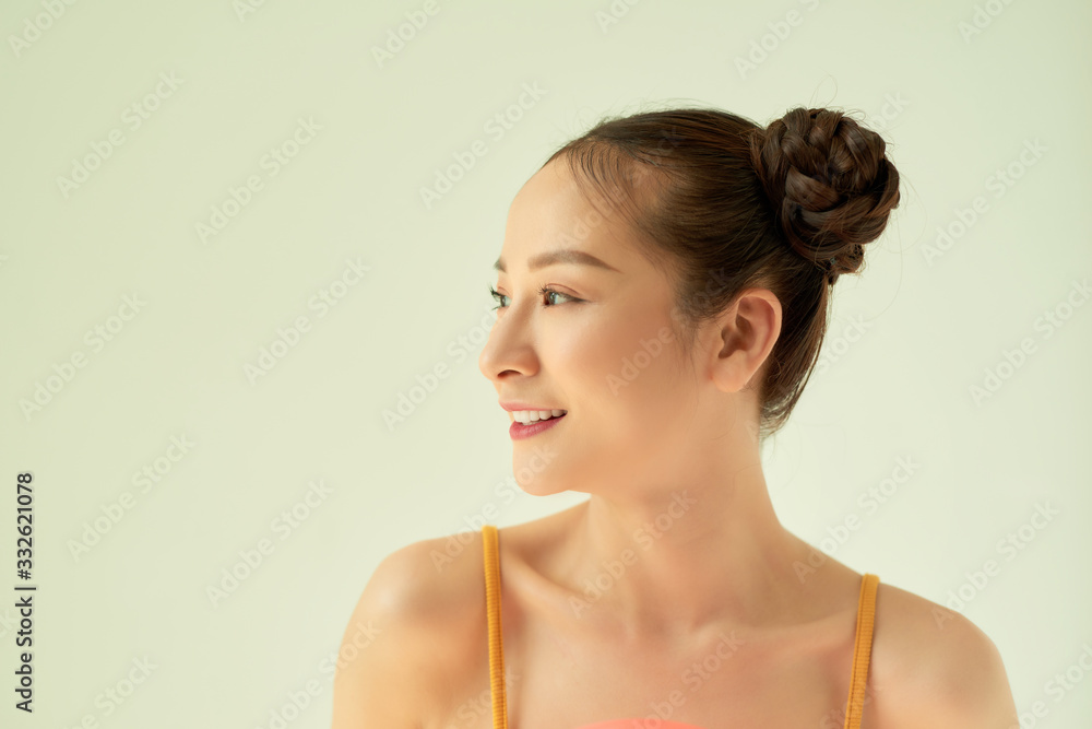 Beautiful Asian girl portrait, close up isolated on light background. Beautiful Asian girl portrait, close up isolated on light background.