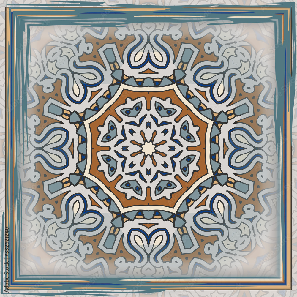 Creative color abstract geometric mandala pattern in blue, white and orange, vector seamless, can be used for printing onto fabric, interior, design, textile, carpet, pillow, tiles. Frame.