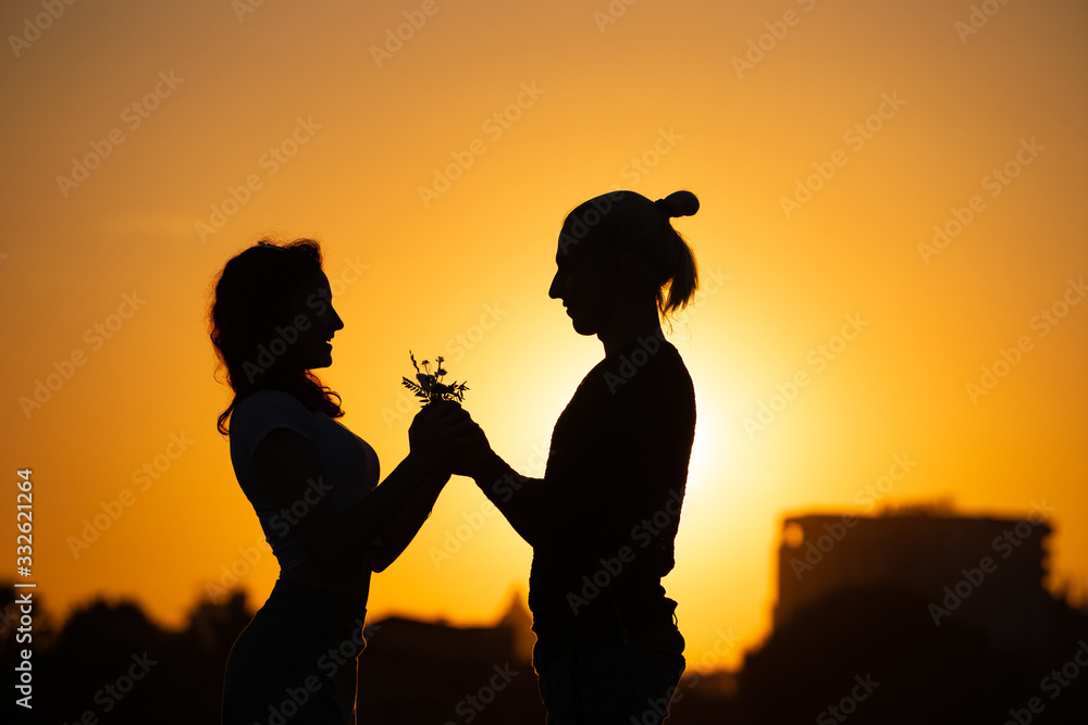 Silhouette of young couple over sunset background