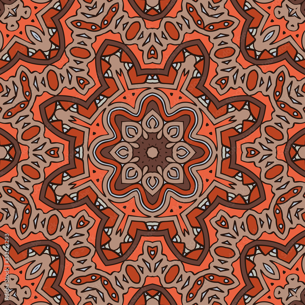 Creative color abstract geometric mandala pattern in red and orange, vector seamless, can be used for printing onto fabric, interior, design, textile, carpet, pillow, tiles.
