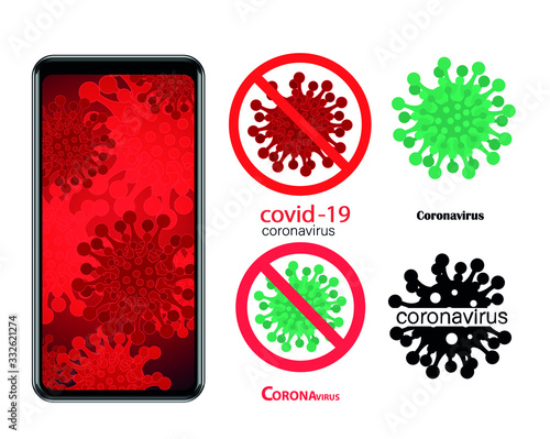 4 coronovirus icons. and a phone with an infection background. Coronavirus 2019-ncov. Coronavirus bacterial cell, New bacteria. Graphic vector illustration of an infection virus. Vector.