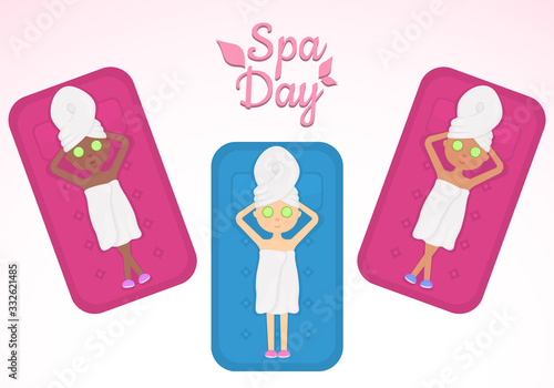 Vector Illustration. Spa Day Concept. Girls in Towels Relaxing, Lying on Treatment Couches with Cucumber Masks