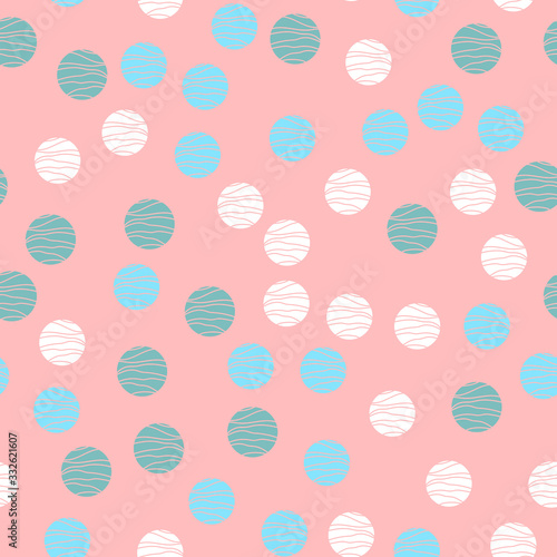 Pink vector background with white, mint, blue circles. Beautiful color pattern in a delicate palette. Design for fabric, paper, packaging, poster, banner sites. Vector