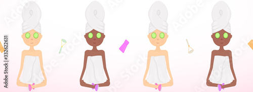 Seamless Border. Vector Illustration. Spa Day Concept. Cute Cartoon Relaxed Girls in Towels Sitting in Lotus Pose and Self Care Tools