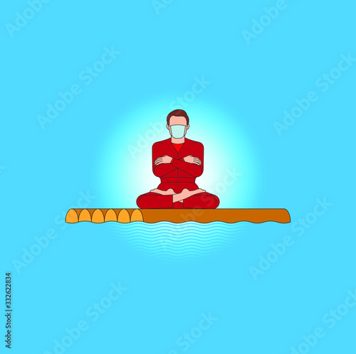 Corona virus - staying at home (self-isolation). Man avoids diseases on a wooden raft. Vector illustration.