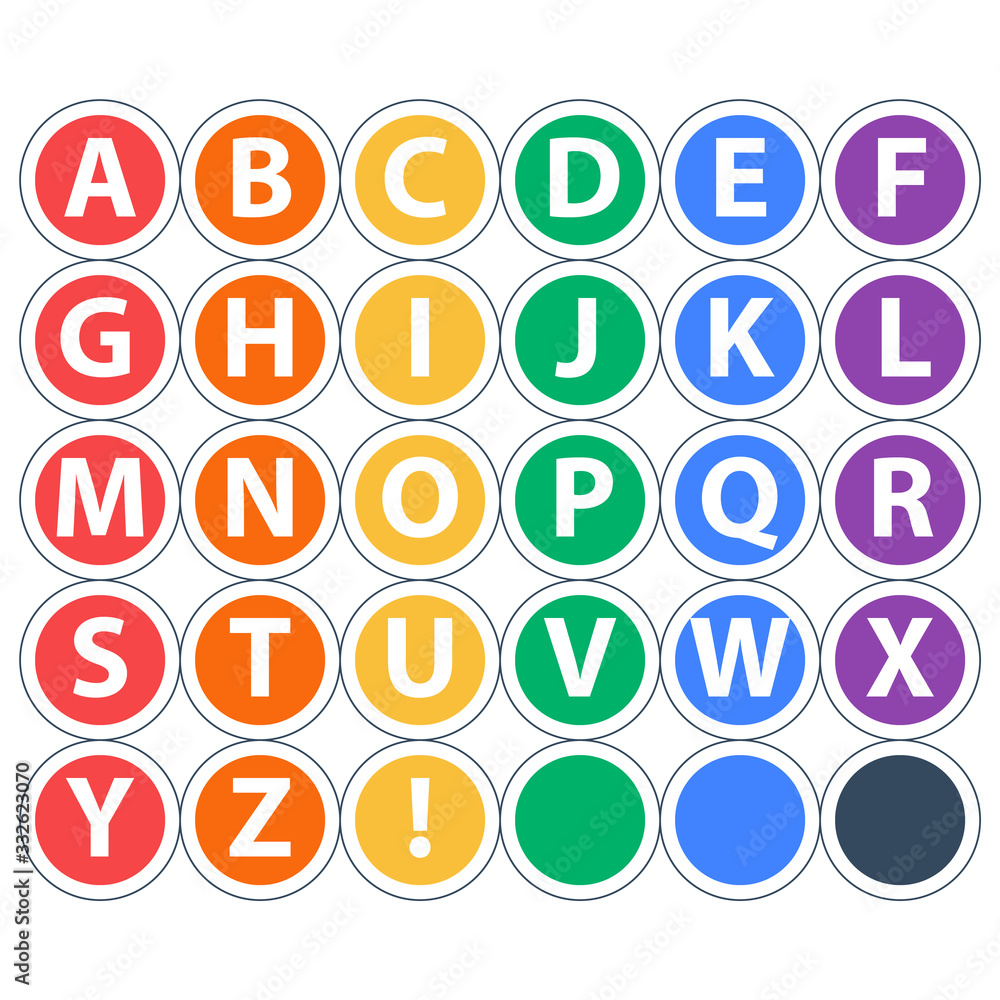Colorful alphabet, set of letters in circles, cards for garland Colorful alphabet, set of letters in circles, cards for garland