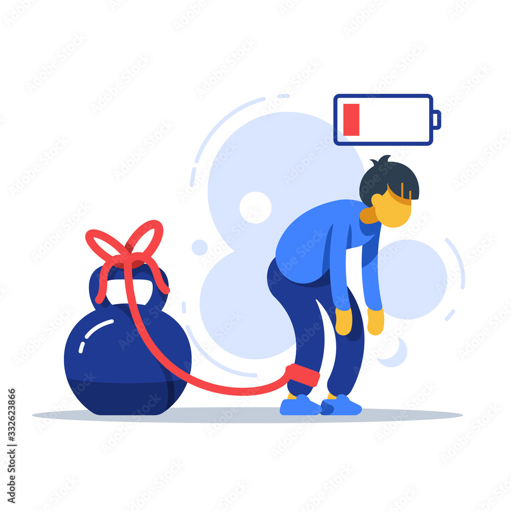 Tired man tied to kettlebell, exhausted person, male character feeling  powerless, low energy state, responsibility overload Stock Vector
