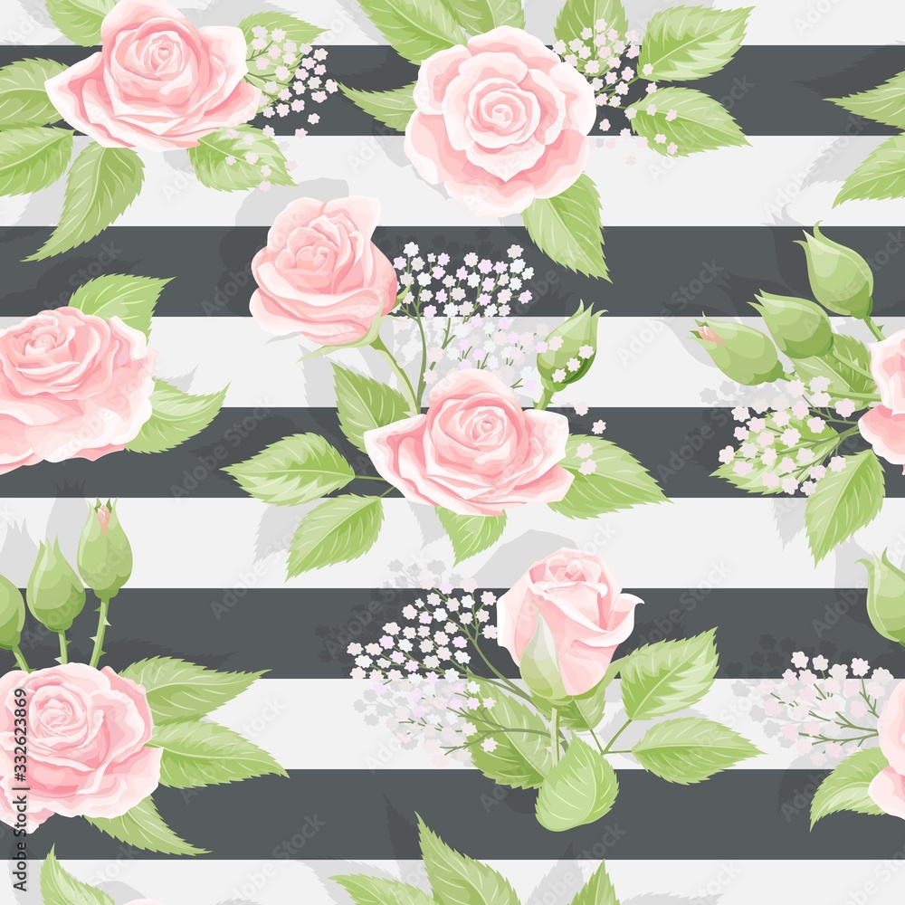 Pink roses seamless vector pattern with brushed stripes background