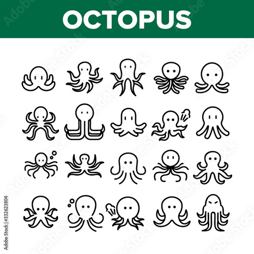 Octopus Ocean Mollusk Collection Icons Set Vector. Octopus Marine Sea Clam With Tentacles  Swimming Aquatic Invertebrate Concept Linear Pictograms. Monochrome Contour Illustrations
