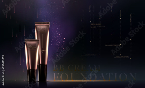 Elegant golden cosmetic luxury product background premium cream tube for skin care products. Foundation template. Luxury facial cream. Cosmetic ads flyer or banner design. Makeup products brand.