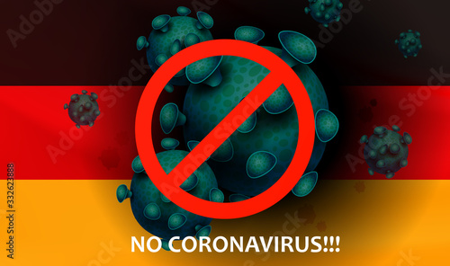Design with a silhouette of the flag of Germany and elements of a coronavirus, red prohibition sign. Prevention of viral infections. Composition of Asian flu