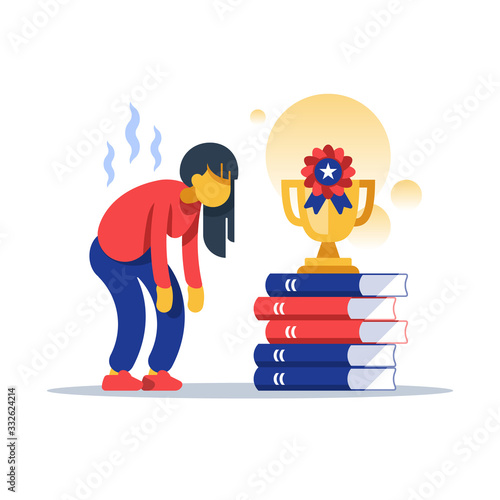 Hard working female student, successful education, overloaded with assignment, excessive learning